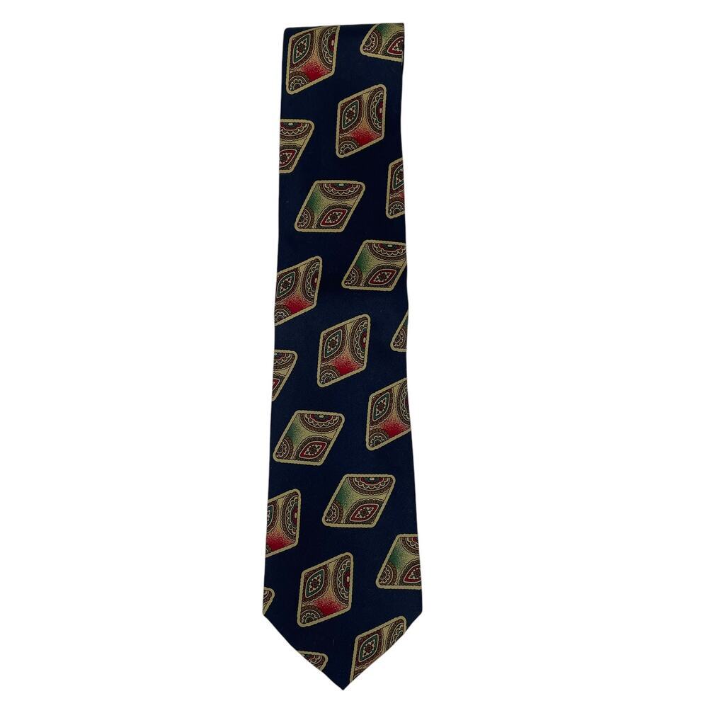 Vintage Danforth & Gifft 100% Silk Necktie-Navy/Red/Gold Geo Paisley Print